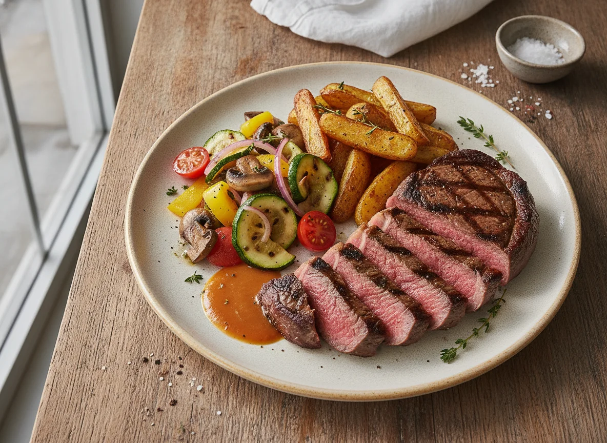 Steak with Roasted Potatoes and Vegetable Salad photo