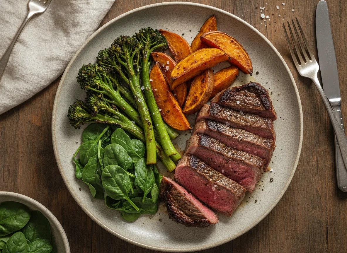 Steak with Roasted Sweet Potatoes and Greens photo