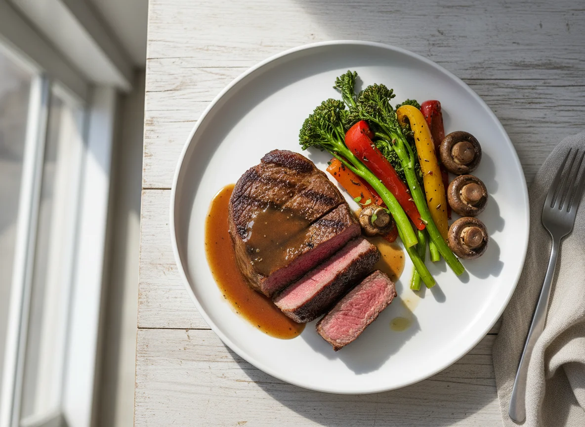 Steak with Roasted Vegetables and Gravy photo
