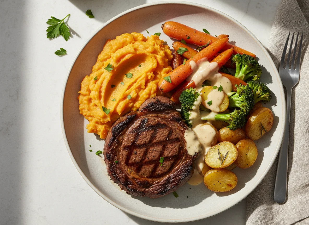 Steak with Roasted Vegetables and Mashed Sweet Potato photo