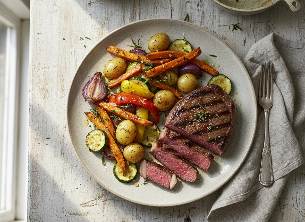 Steak with Roasted Vegetables and Potatoes photo