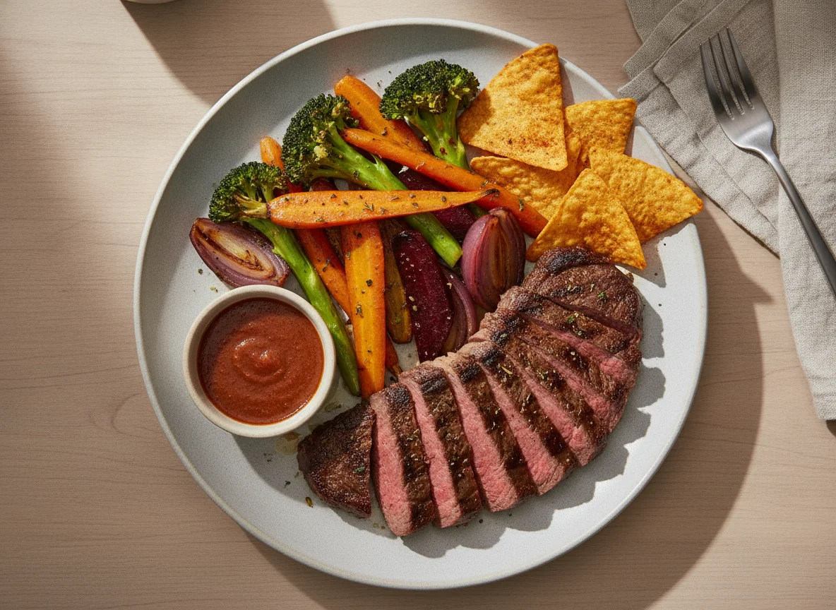 Steak with Roasted Vegetables and Tortilla Chips photo