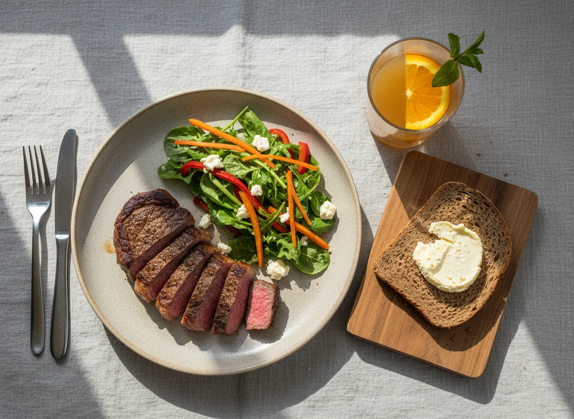 Steak with salad, bread and juice photo