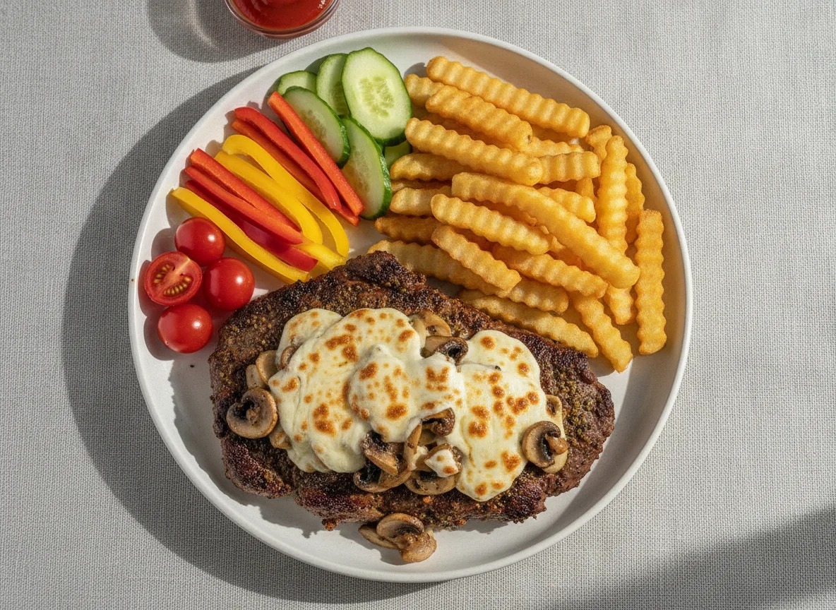 Steak with Sautéed Onions, Fries, and Fresh Vegetables photo
