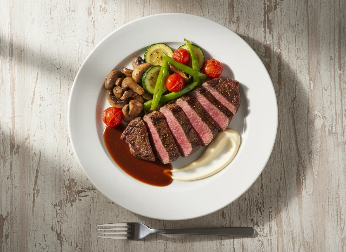 Steak with Sautéed Vegetables and Sauces photo