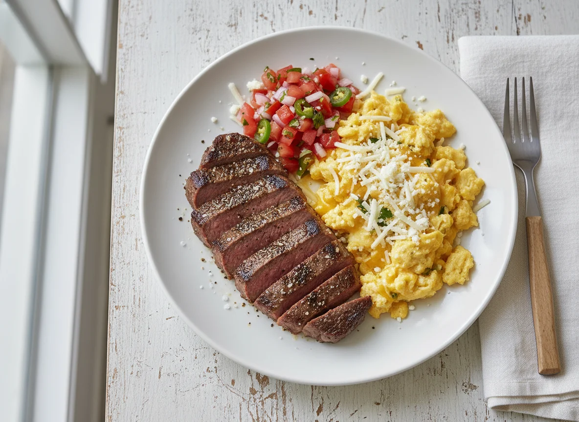 Steak with Scrambled Eggs and Cheese photo