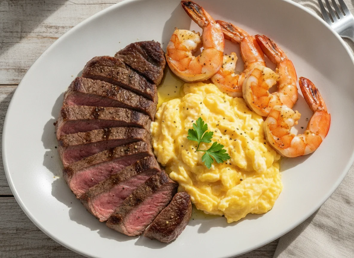 Steak with Scrambled Eggs and Grilled Prawns photo
