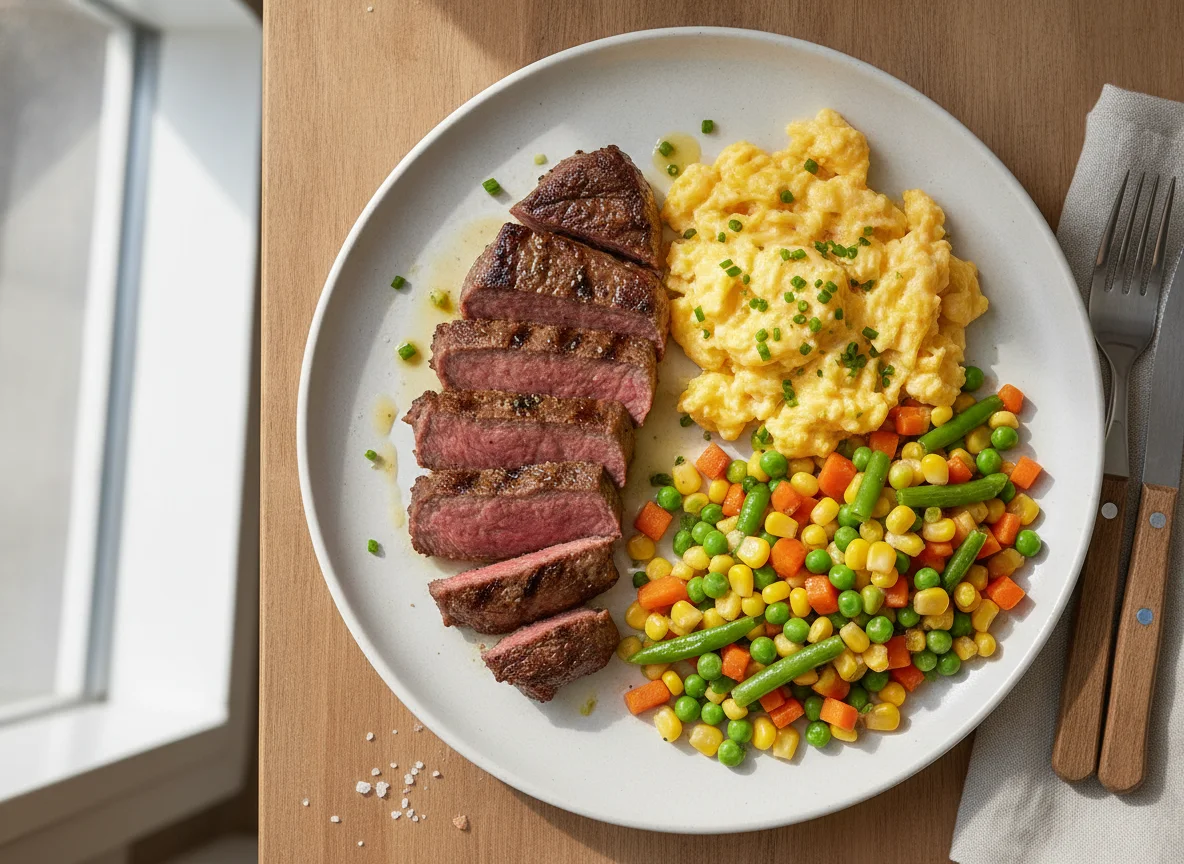 Steak with Scrambled Eggs and Mixed Vegetables photo
