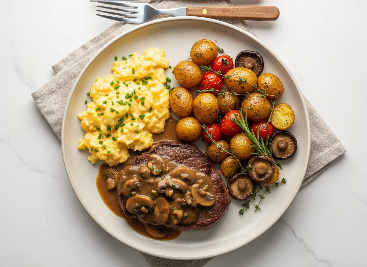 Steak with Scrambled Eggs and Roasted Vegetables photo