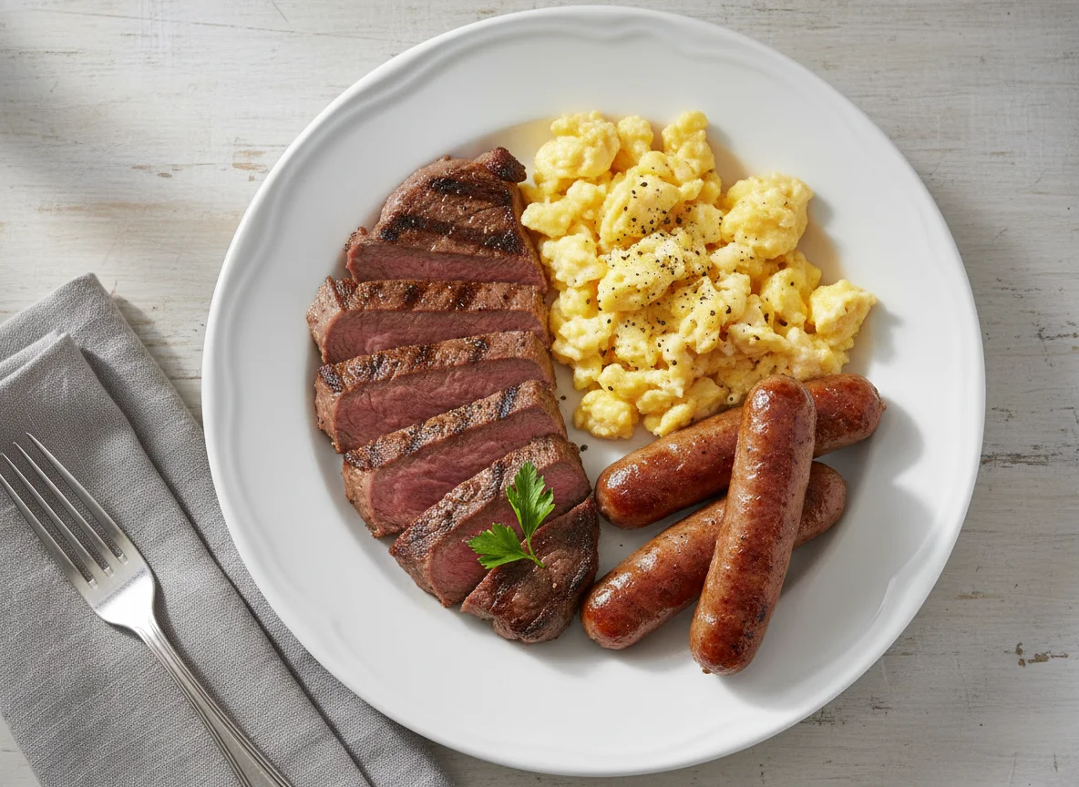 Steak with Scrambled Eggs and Sausage photo