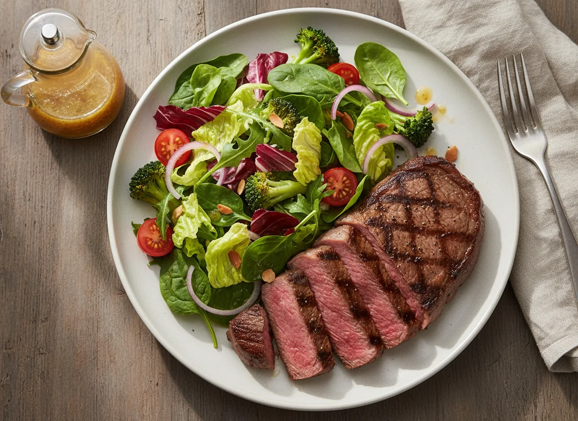 Steak with side salad photo