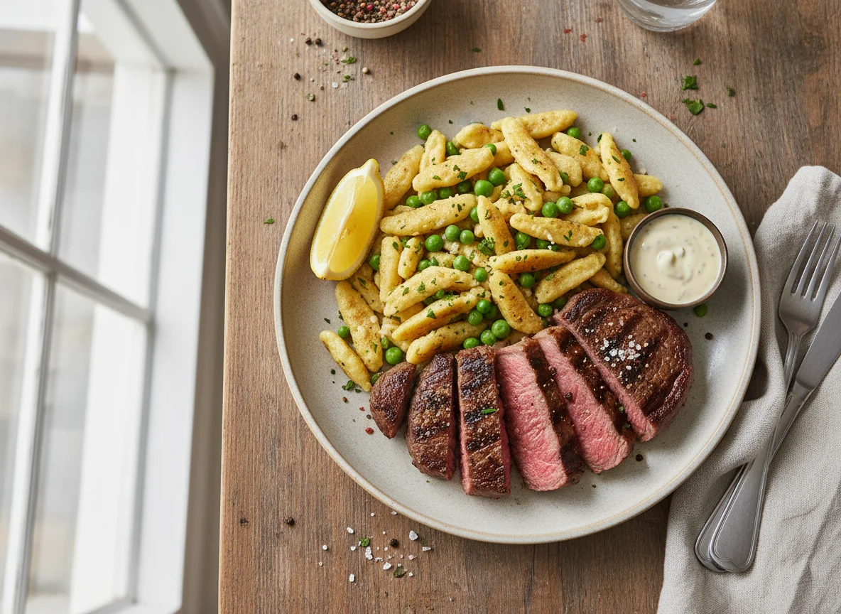 Steak with Spätzle and Peas photo