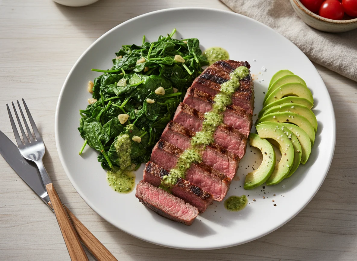 Steak with Spinach and Avocado photo