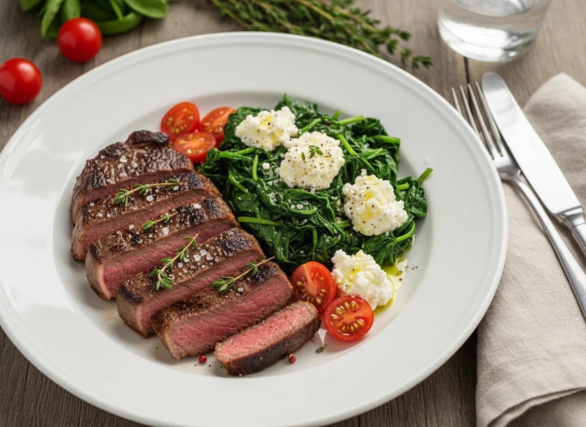 Steak with Spinach and Cottage Cheese photo