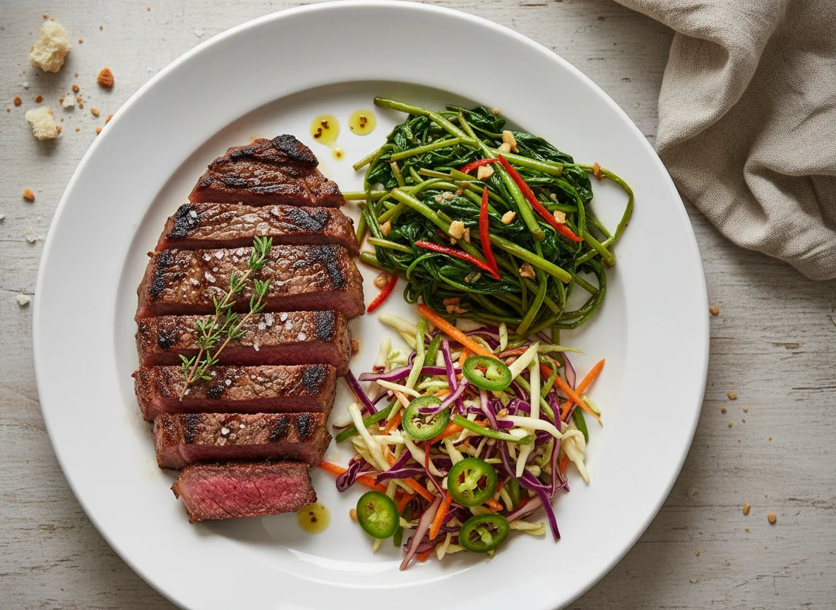 Steak with Stir-fried Greens and Spicy Salad photo