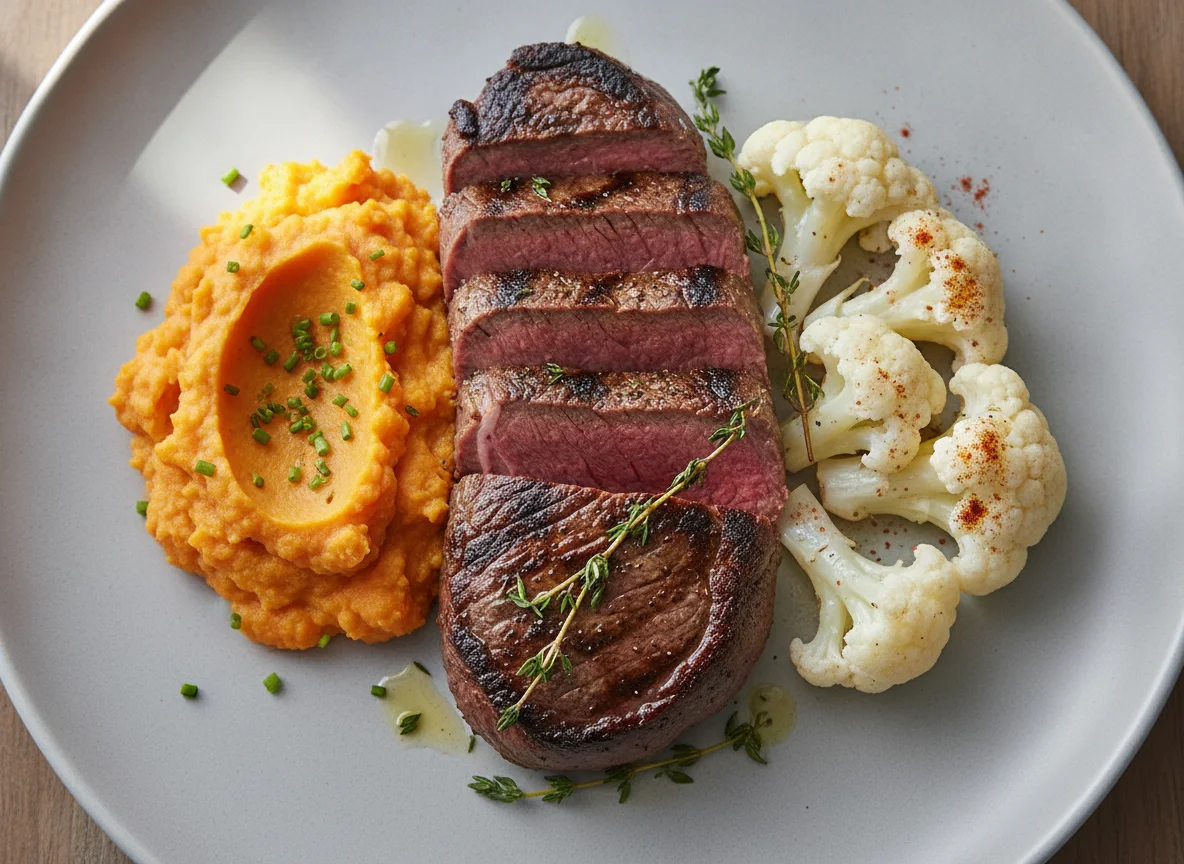 Steak with Sweet Potato and Cauliflower photo