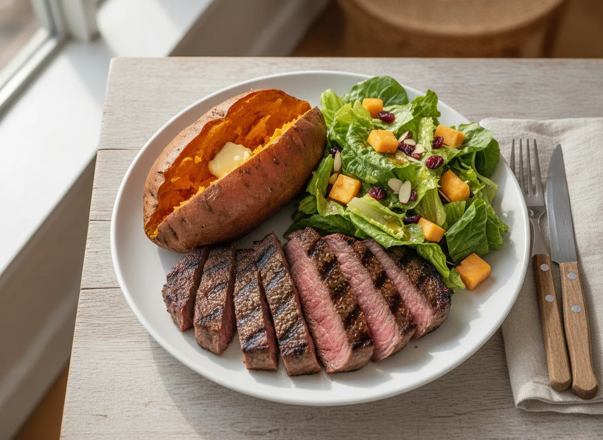 Steak with Sweet Potato and Garden Salad photo