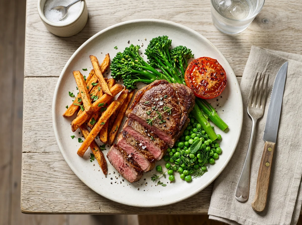 Steak with Sweet Potato Fries and Vegetables photo