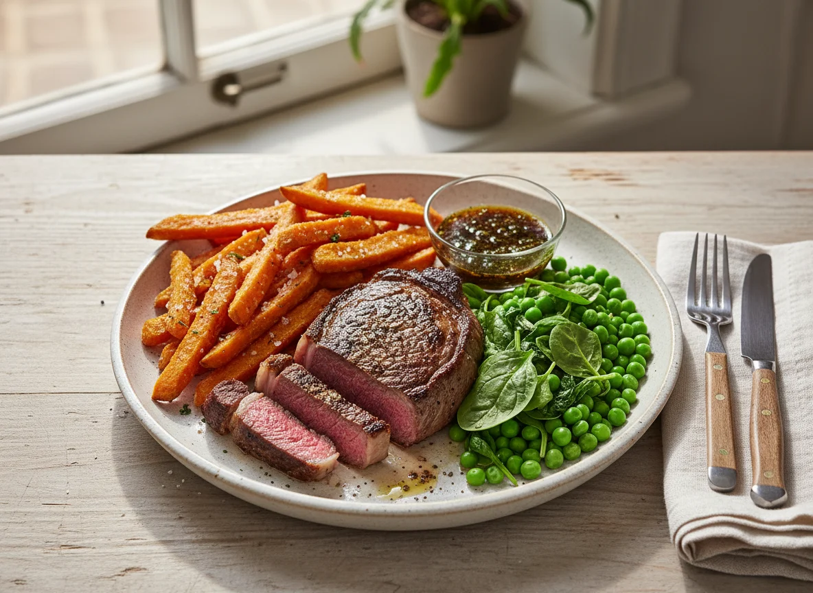 Steak with sweet potato fries, peas and spinach photo