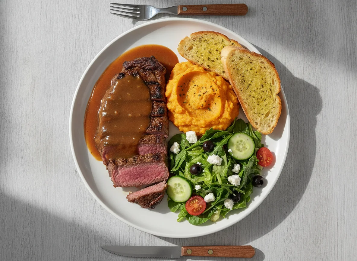 Steak with Sweet Potato Mash, Garlic Bread, and Feta Salad photo