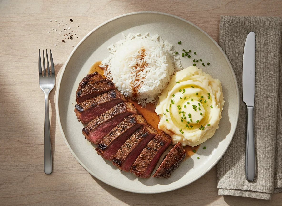Steak with White Rice and Mashed Potatoes photo