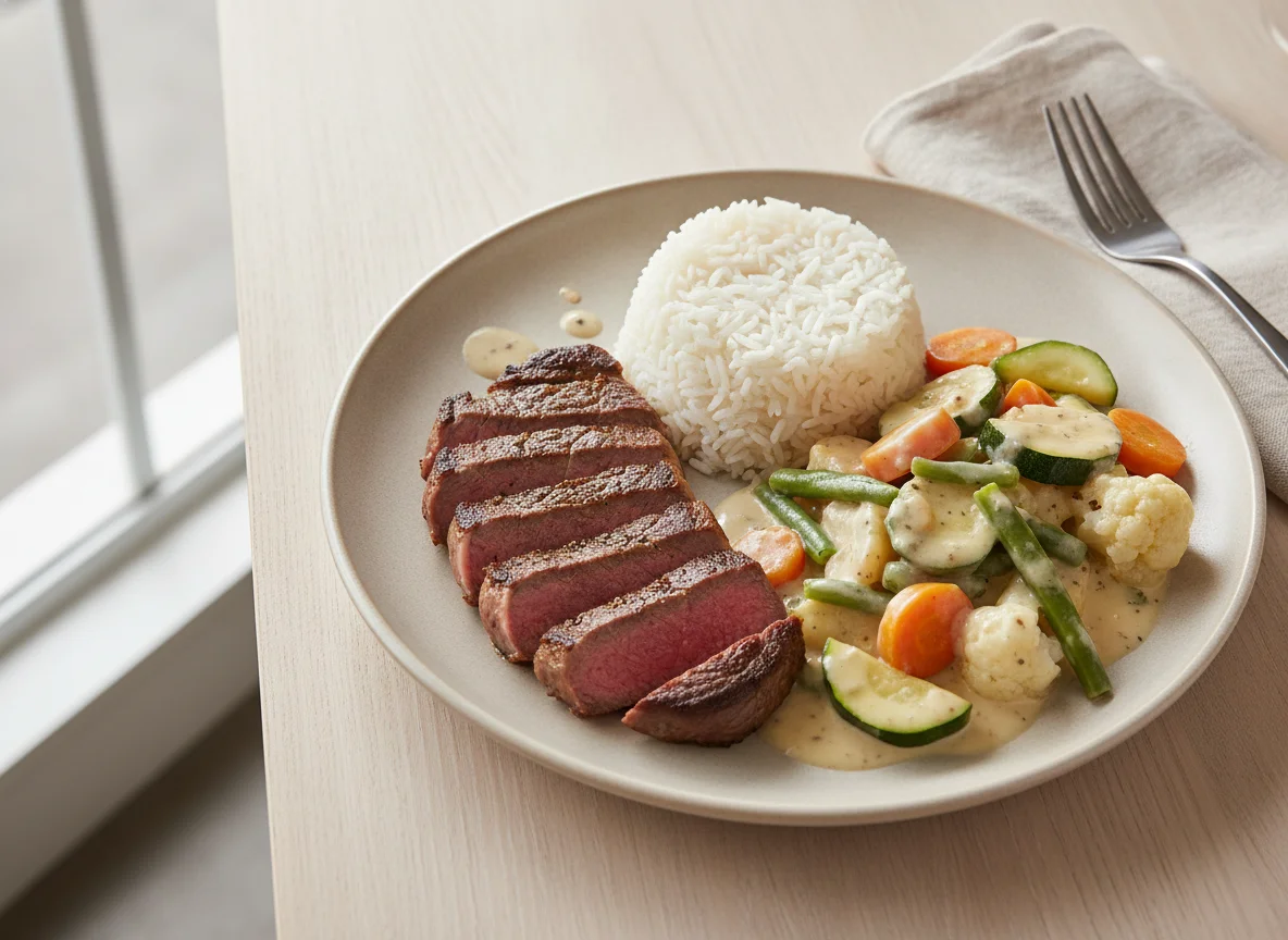 Steak with White Rice and Mixed Vegetables in Creamy Sauce photo
