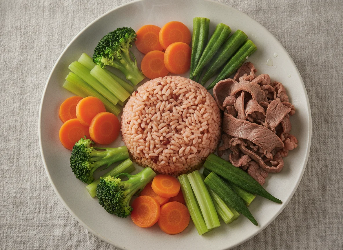 Steamed Beef with Red Rice and Vegetables photo