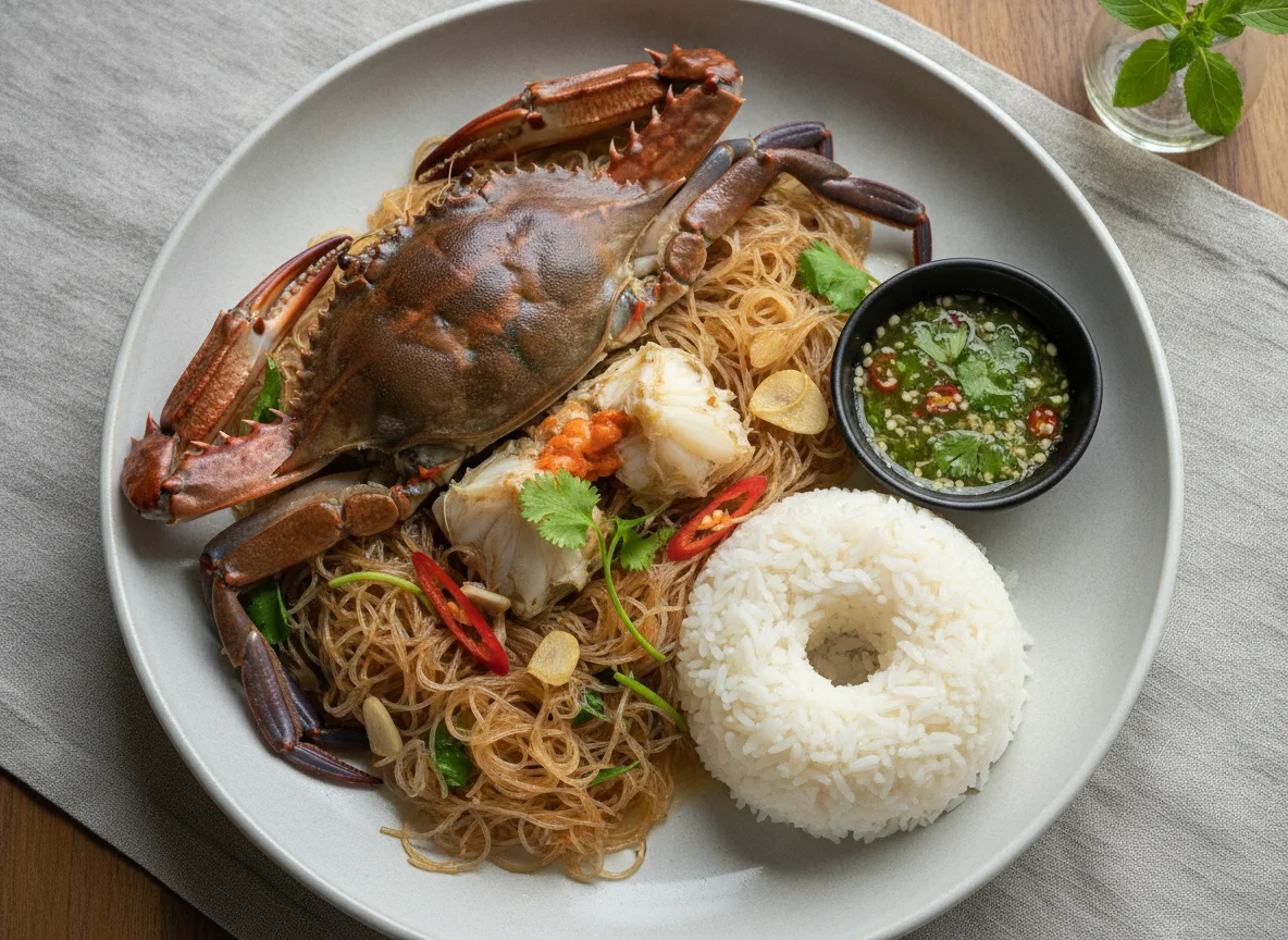 Steamed Blue Crab with Glass Noodles and Rice photo
