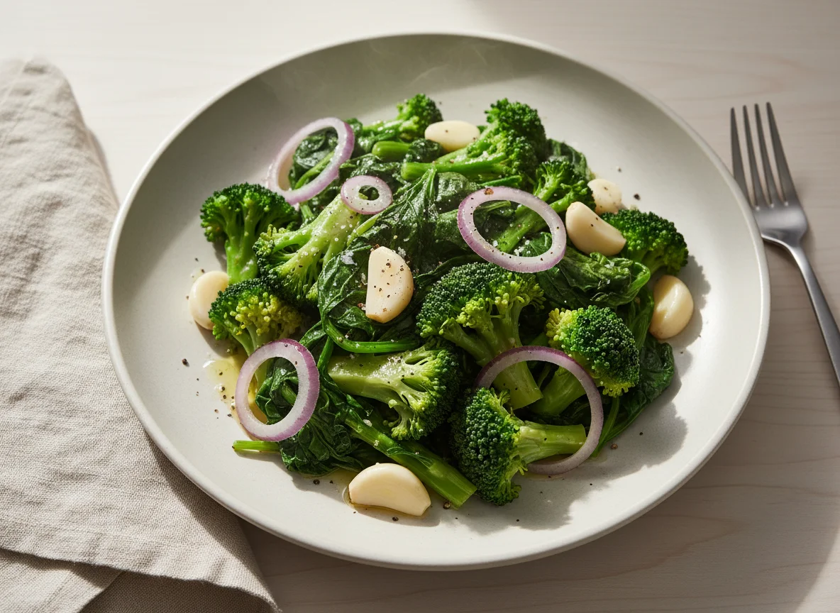 Steamed Broccoli, Spinach, Red Onion, and Garlic photo