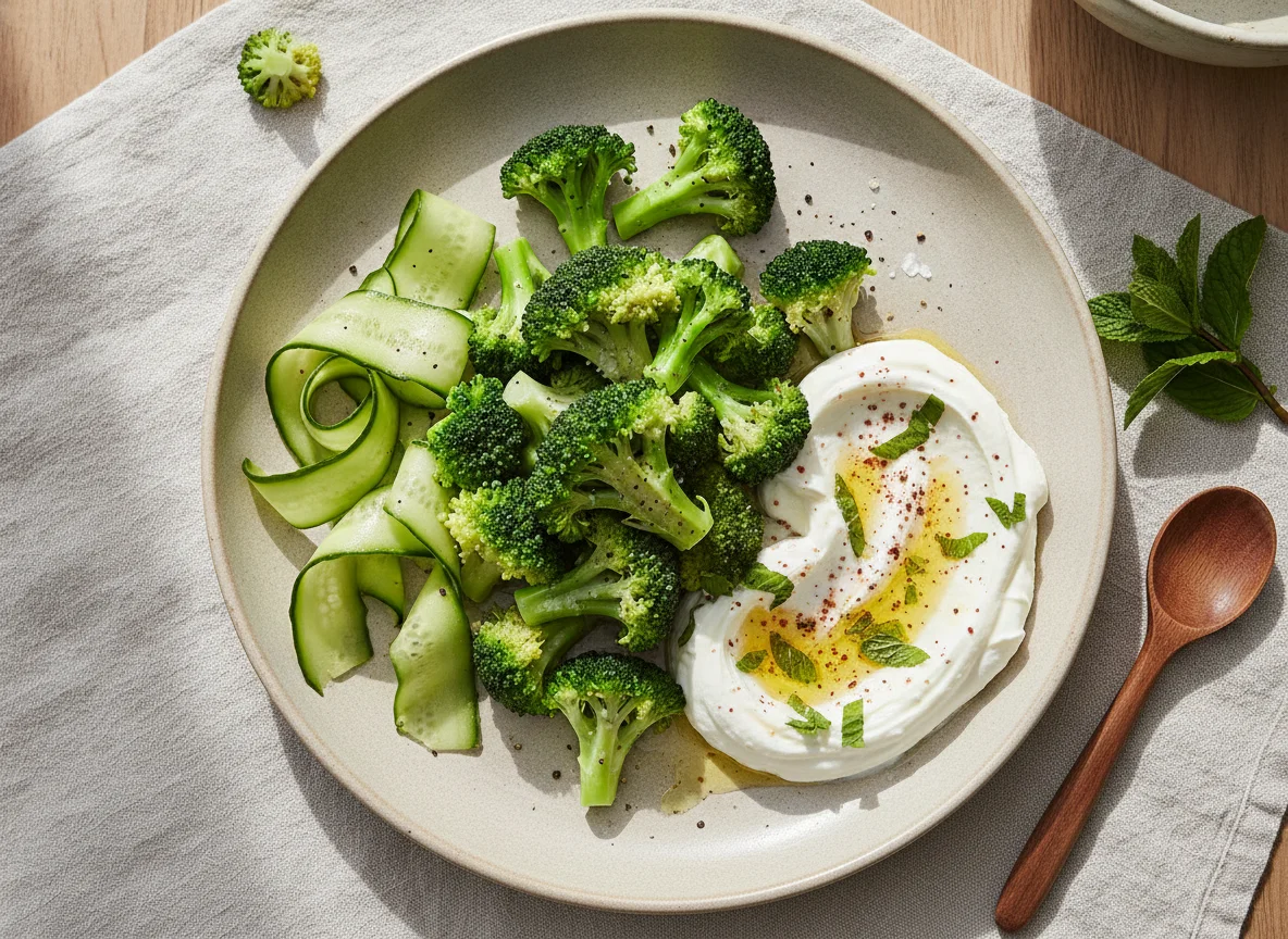 Steamed Broccoli with Cucumber and Labneh photo