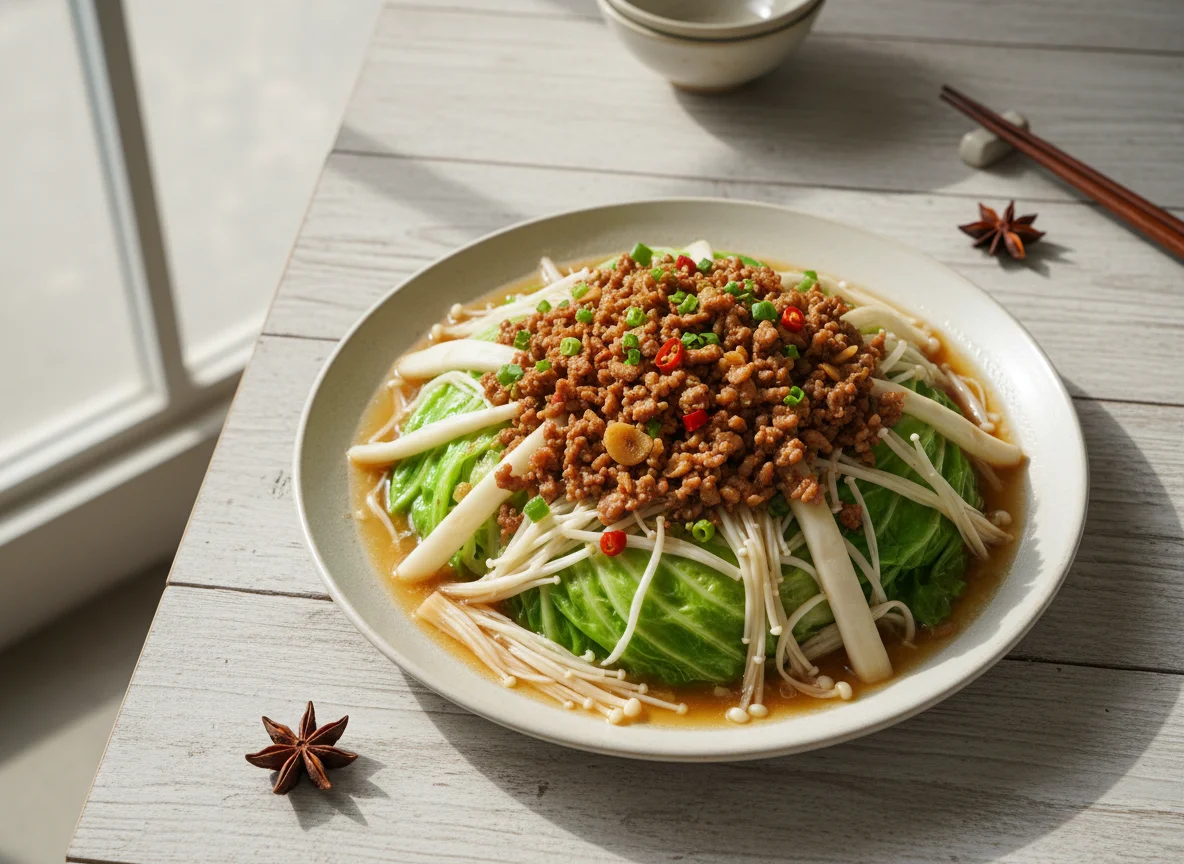 Steamed Cabbage and Enoki with Minced Meat Topping photo