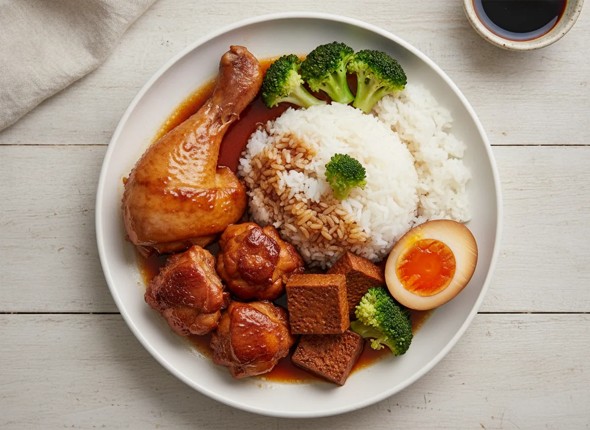 Steamed Chicken and Broccoli with Rice and Soy Egg photo