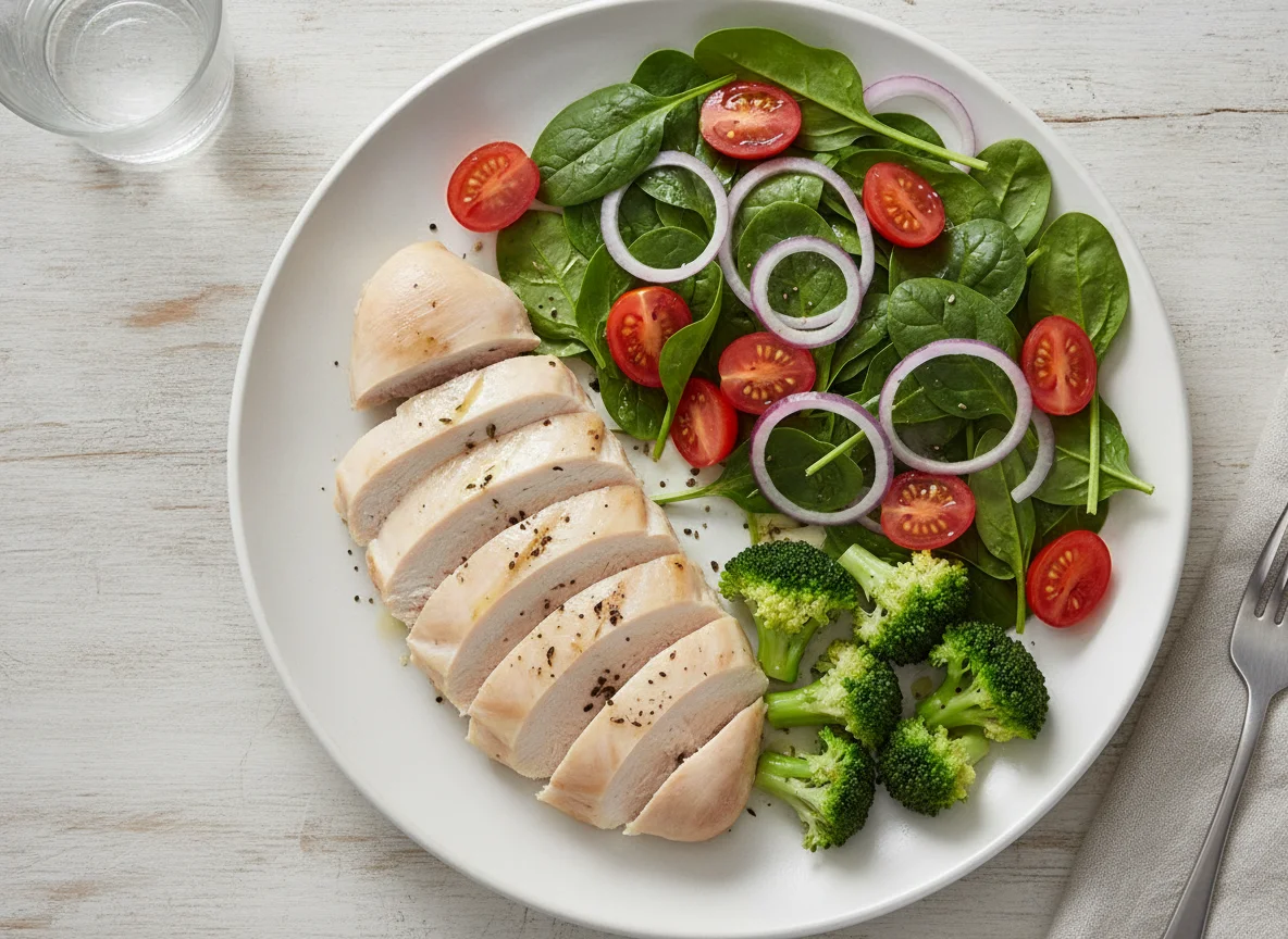 Steamed chicken breast with broccoli and fresh salad photo