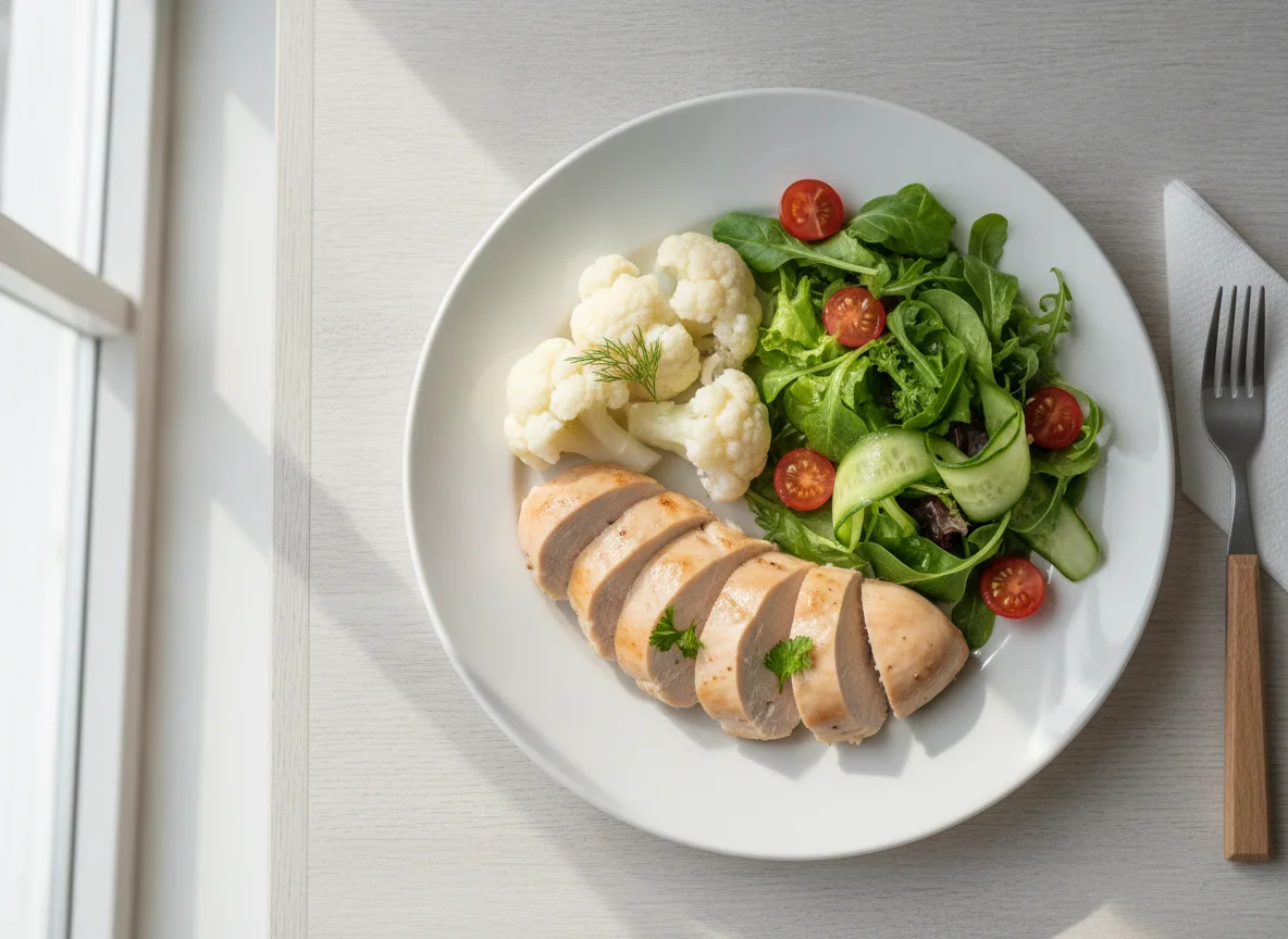 Steamed chicken breast with cauliflower and salad photo