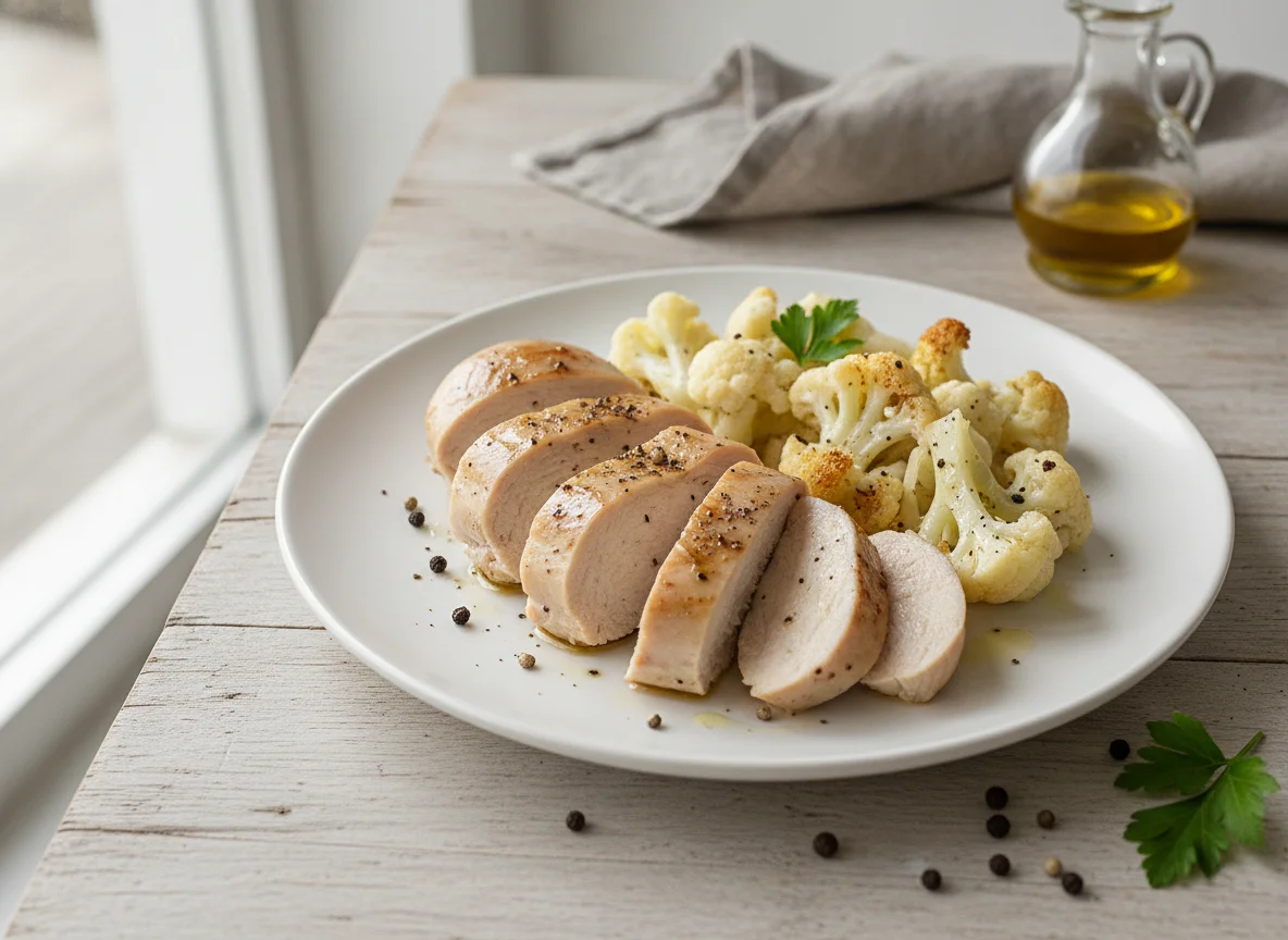 Steamed chicken breast with cauliflower photo