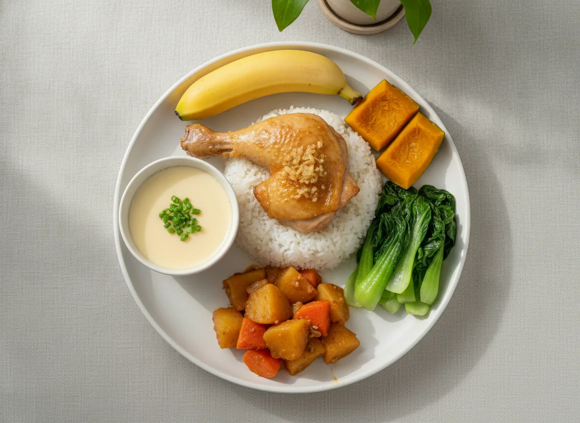 Steamed Chicken Leg with Rice, Pumpkin, and Side Dishes photo