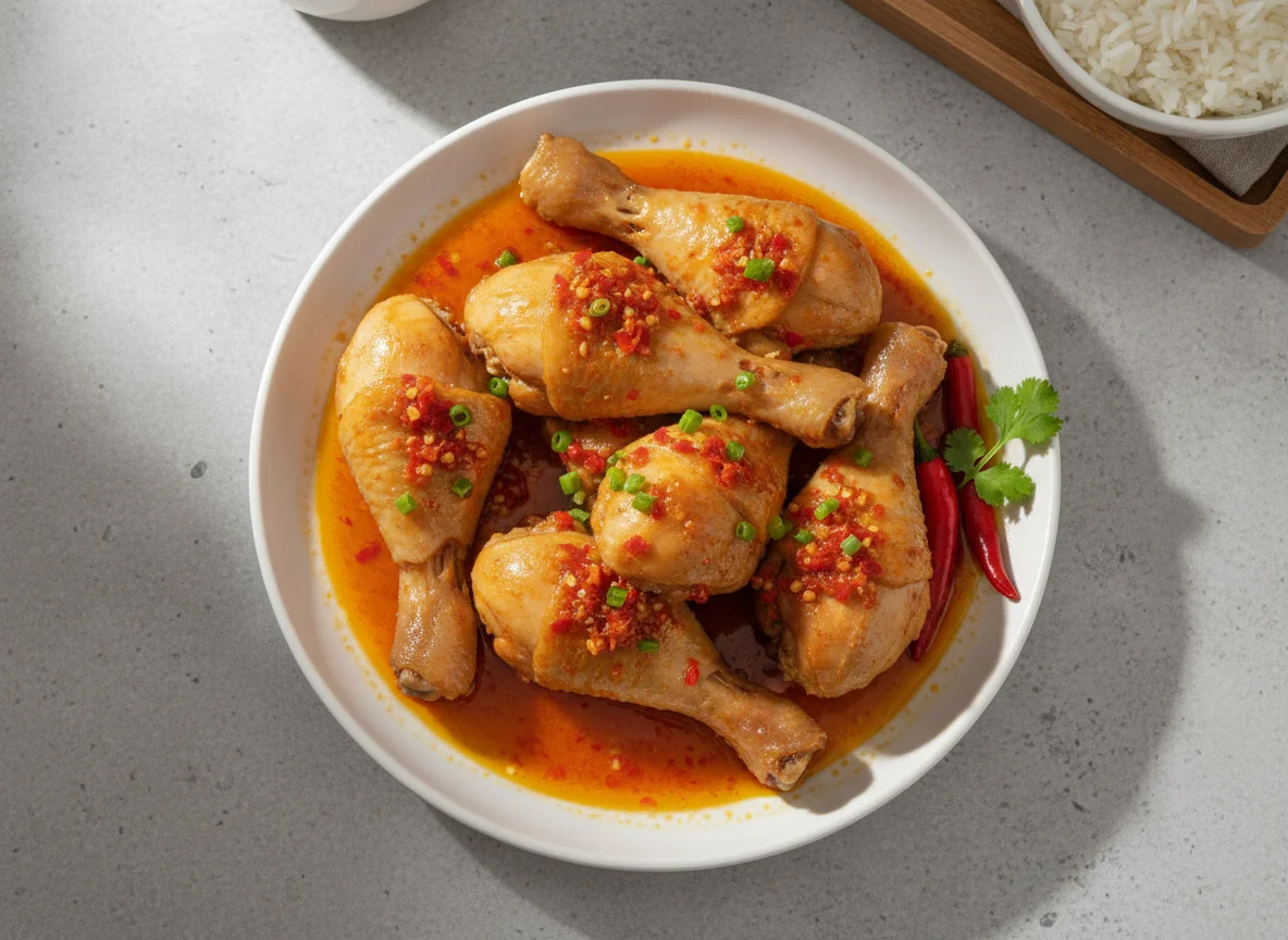 Steamed chicken legs with chili sauce photo