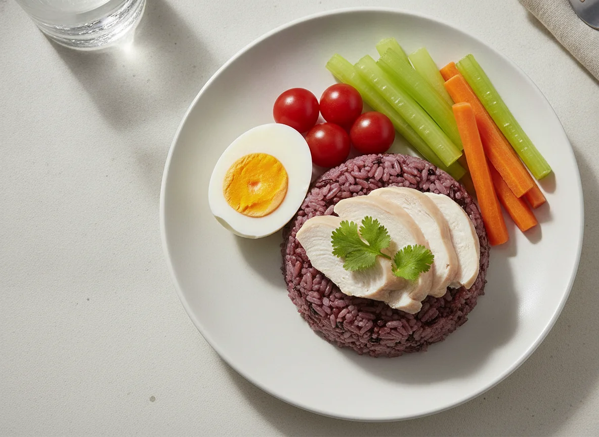 Steamed Chicken with Purple Rice and Vegetables photo