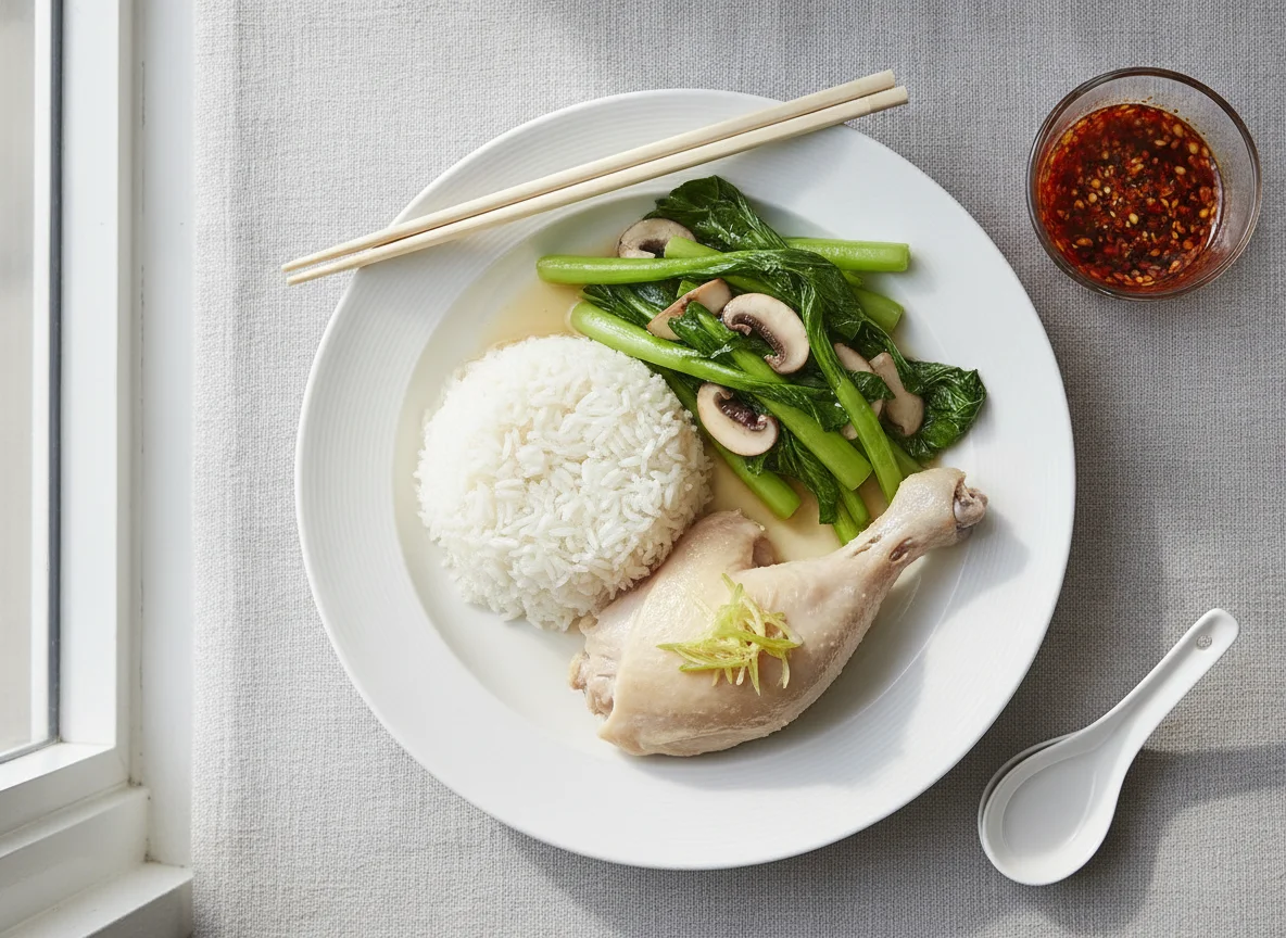 Steamed Chicken with White Rice and Choy Sum photo