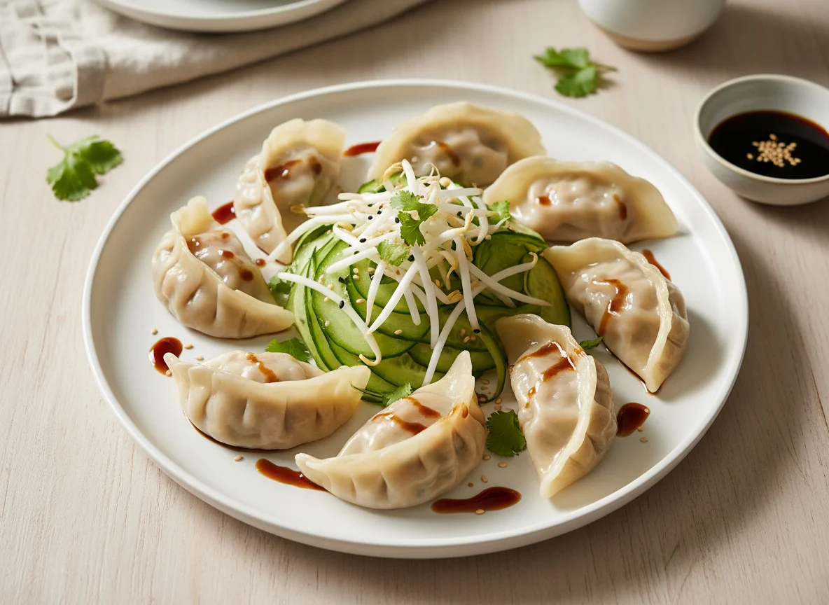 Steamed Dumplings with Cucumber and Bean Sprout Salad photo