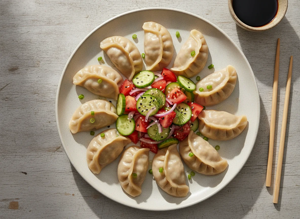 Steamed Dumplings with Tomato and Cucumber Salad photo