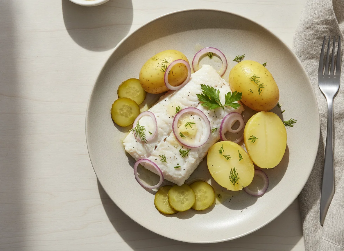 Steamed fish with boiled potatoes and red onion photo