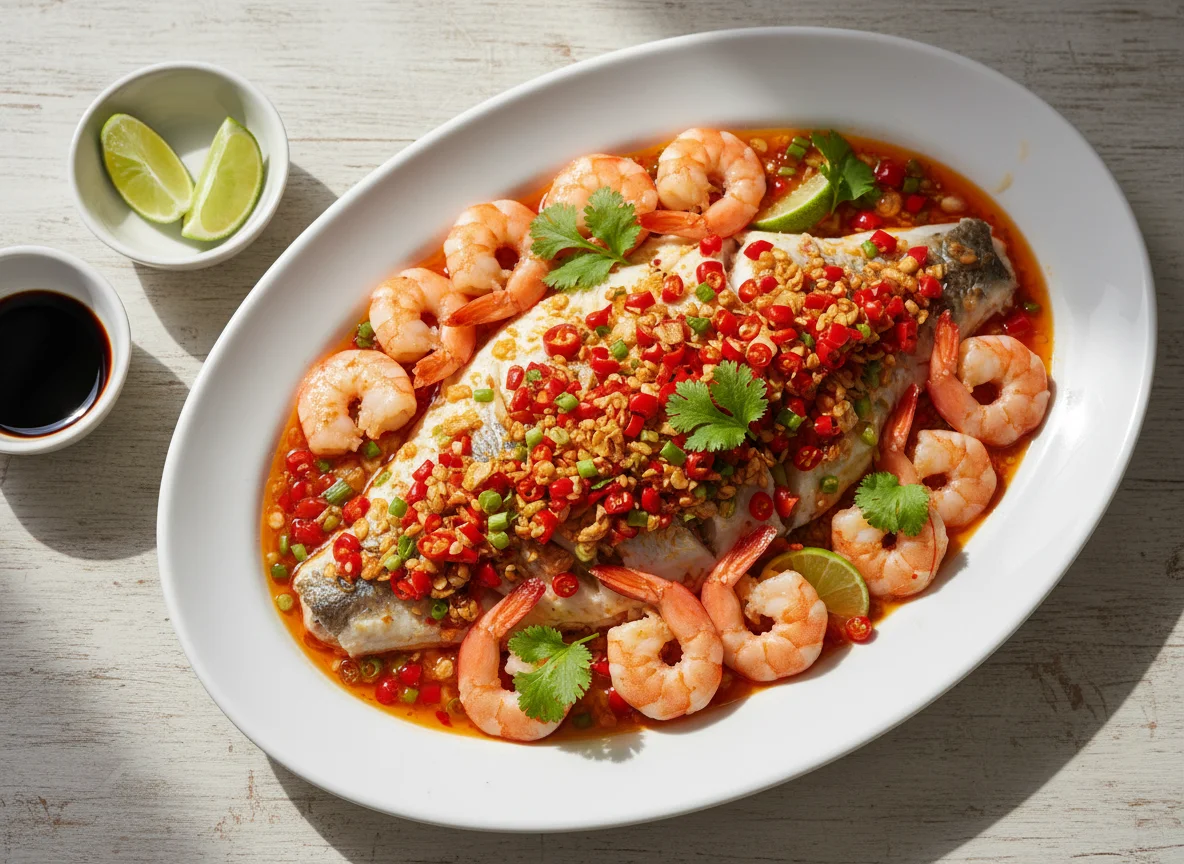 Steamed Fish with Garlic Chili Topping and Prawns photo