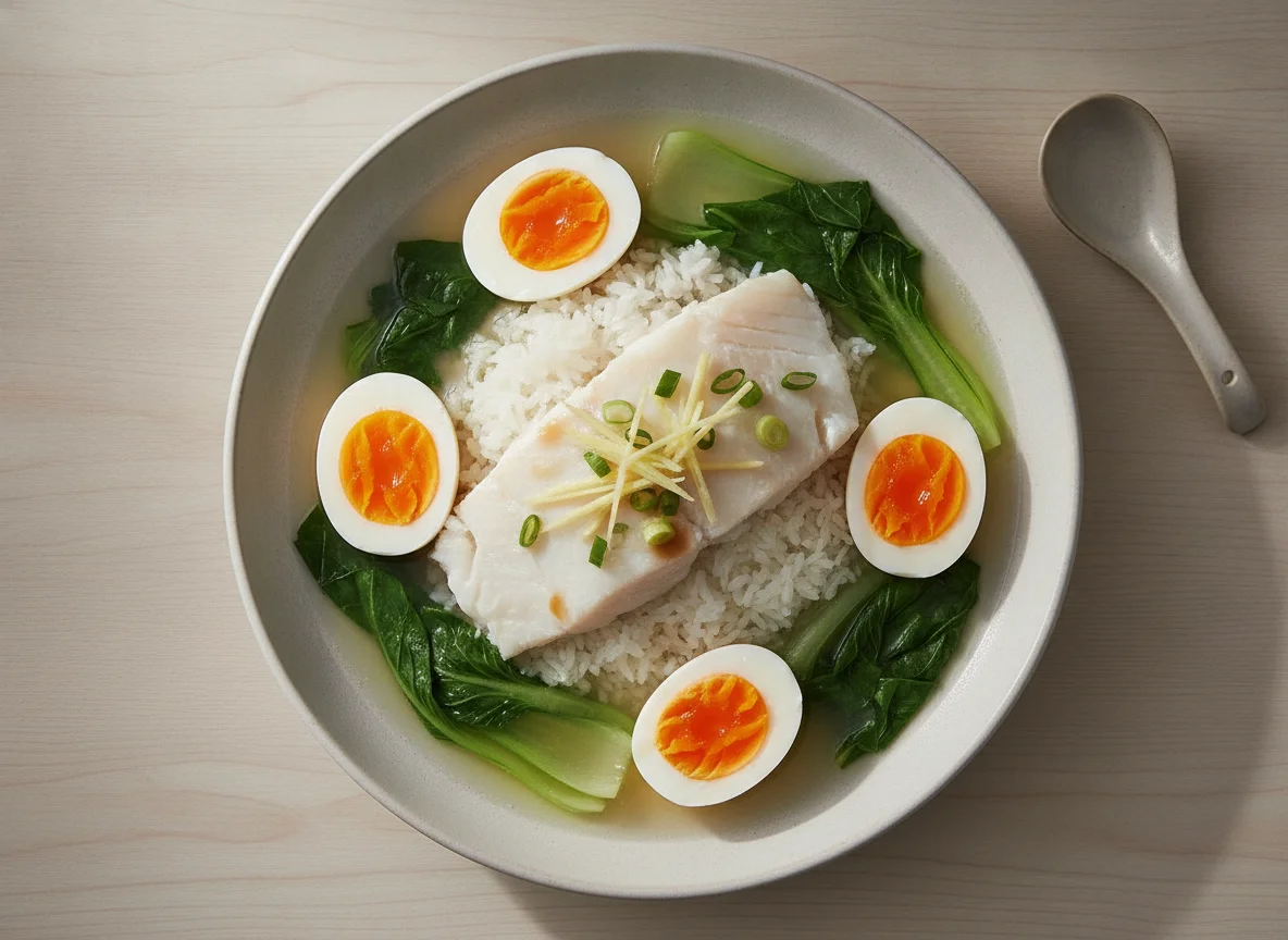Steamed Fish with Hard Boiled Eggs and Rice photo