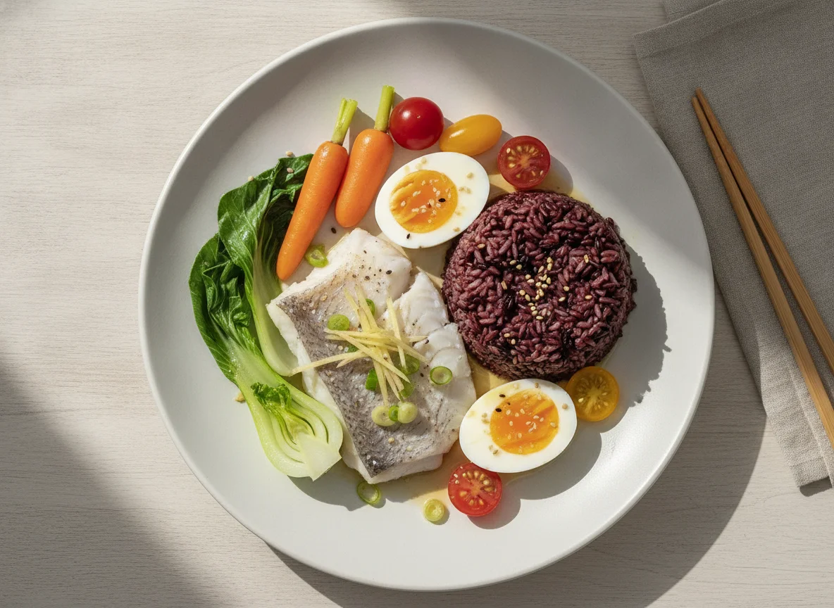 Steamed Fish with Purple Rice and Vegetables photo