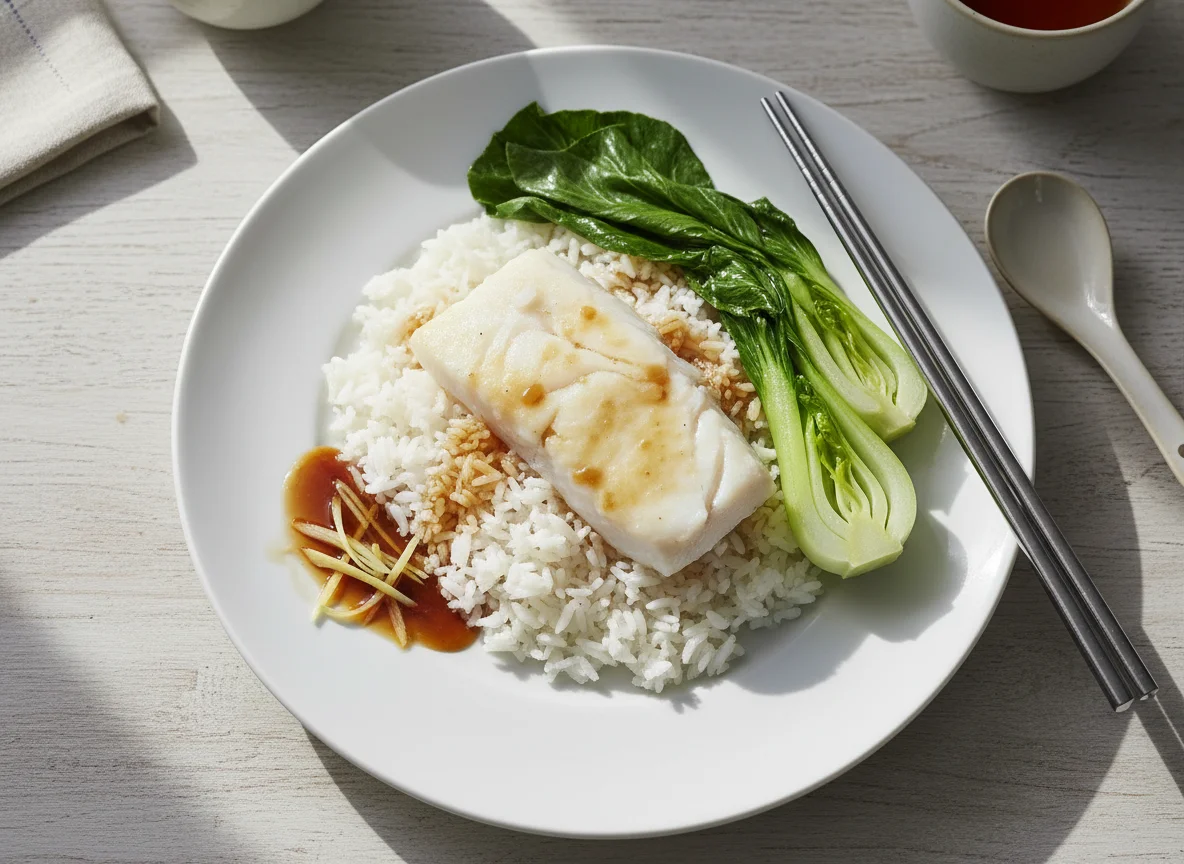 Steamed Fish with Rice and Greens photo