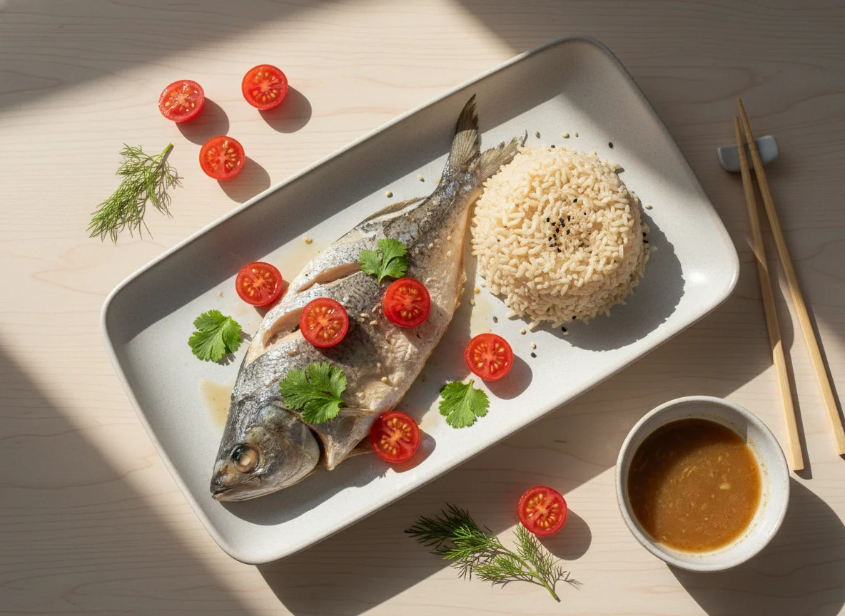 Steamed Fish with Rice and Tomatoes photo