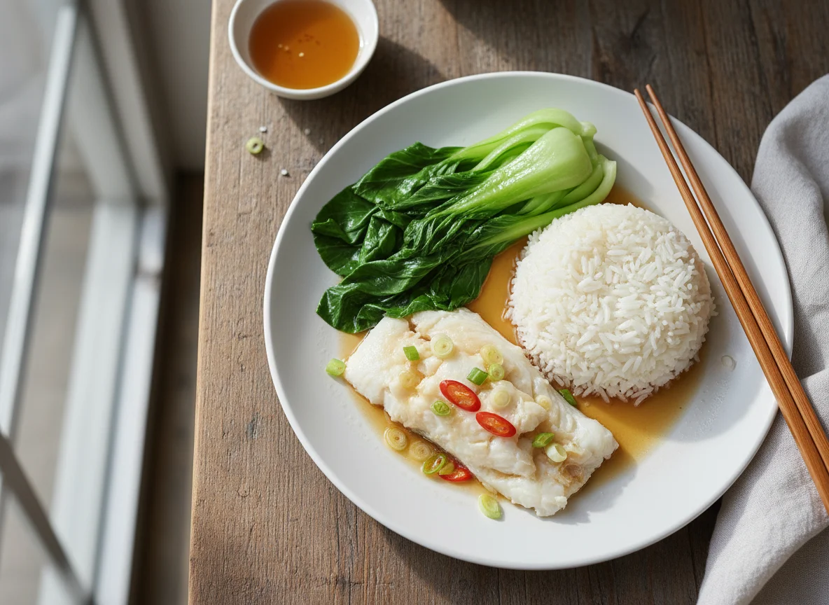 Steamed Fish with Rice and Vegetables photo