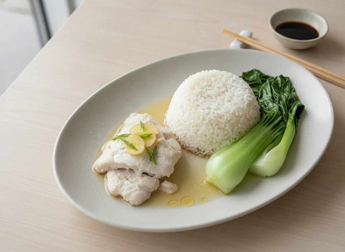 Steamed Fish with White Rice and Bok Choy photo