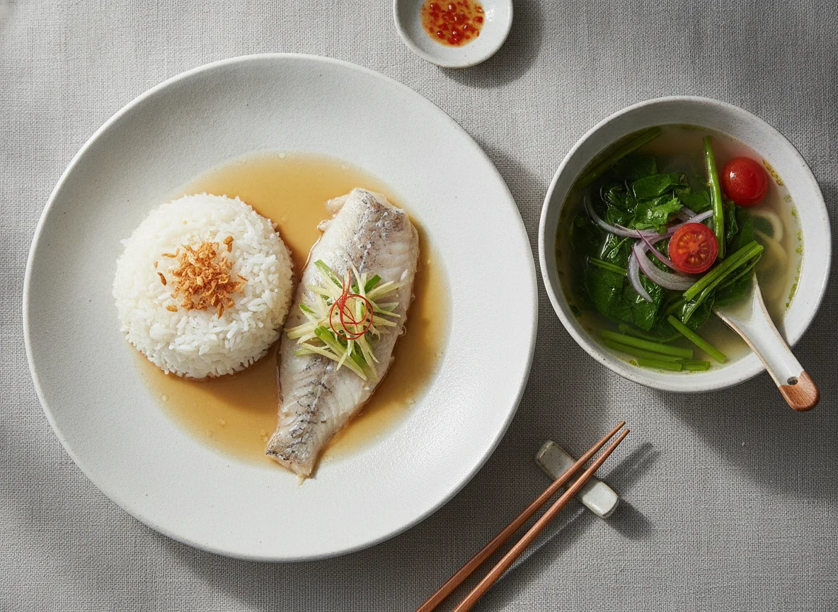 Steamed Fish with White Rice and Water Spinach Soup photo